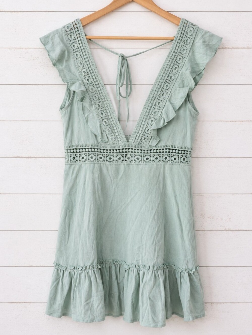Zaful Sage Green Ruffled V-Neck Crochet Trim Dress Size 6